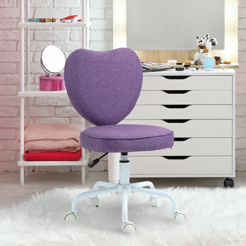 HOMCOM Scaun de Birou cu Spătar în Formă de Inimă, 5 Roți și Înălțime Reglabilă, din Material Textil, 40x50x79-89 cm, Mov(m-2)