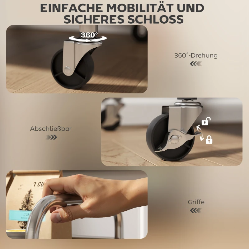 HOMCOM Rollwagen, Küchenwagen mit 4 Ebenen, verstellbaren Regalen und Griffen, für Wohnzimmer Küche, Silber, 60 x 35 x 100 cm