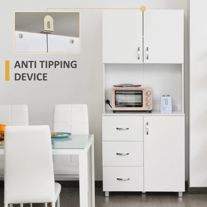 HOMCOM 183.5cm Free standing Kitchen Cupboard, Storage Cabinet with Doors and Sheleves, 3 drawers and Open Space, Adjustable Height Storage Unit, White