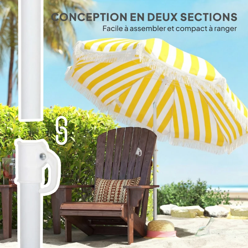 Outsunny Parasol de plage 1,8 m, parasol de jardin, ancrage au sable, franges et inclinaison réglable, sac de transport, jaune
