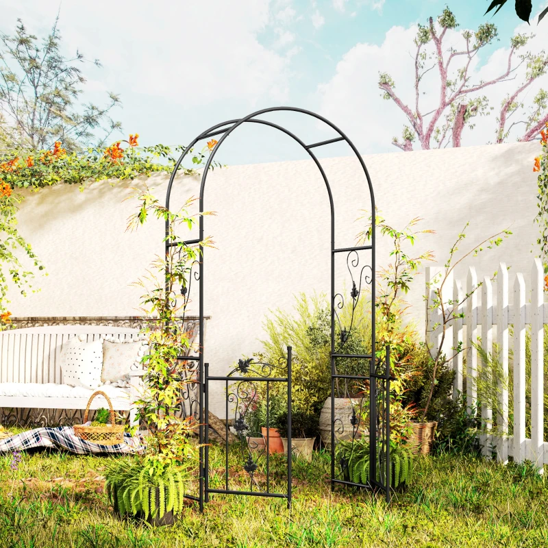 Outsunny 2.17m Steel Garden Arch with Gate, Wedding Arch for Outdoor, Garden, 107W x 45D x 217H cm Black
