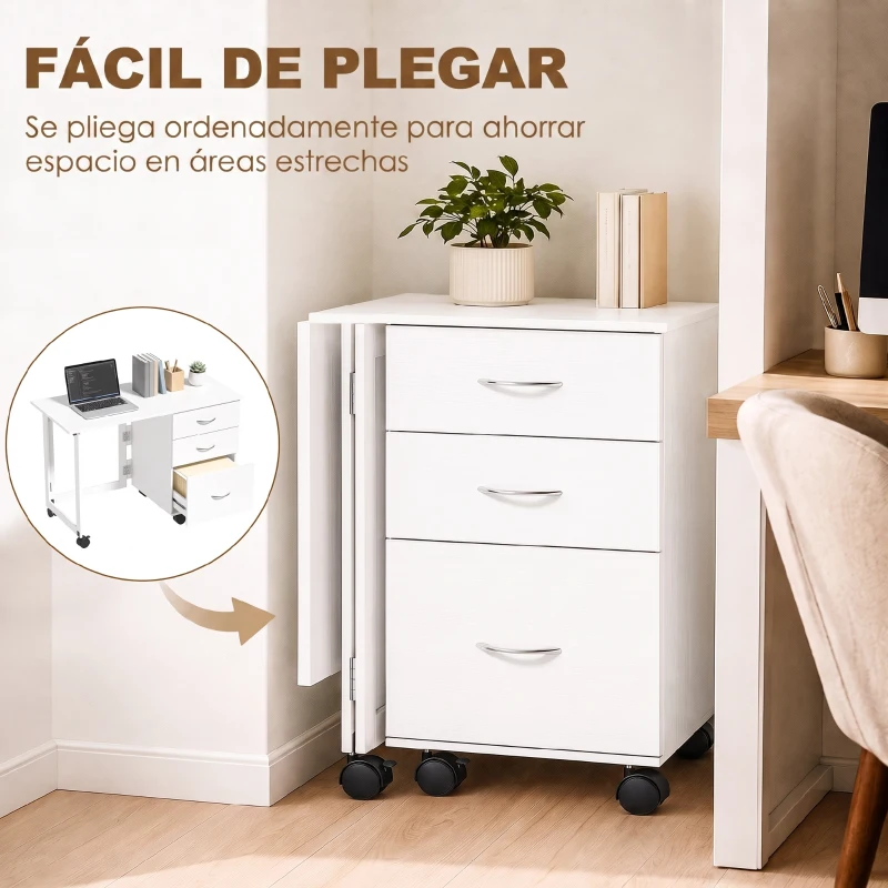 HOMCOM Escritorio Plegable con Ruedas con Freno 3 Cajones y Superficie Abatible Diseño Moderno 107x50x72 cm Blanco Veteado