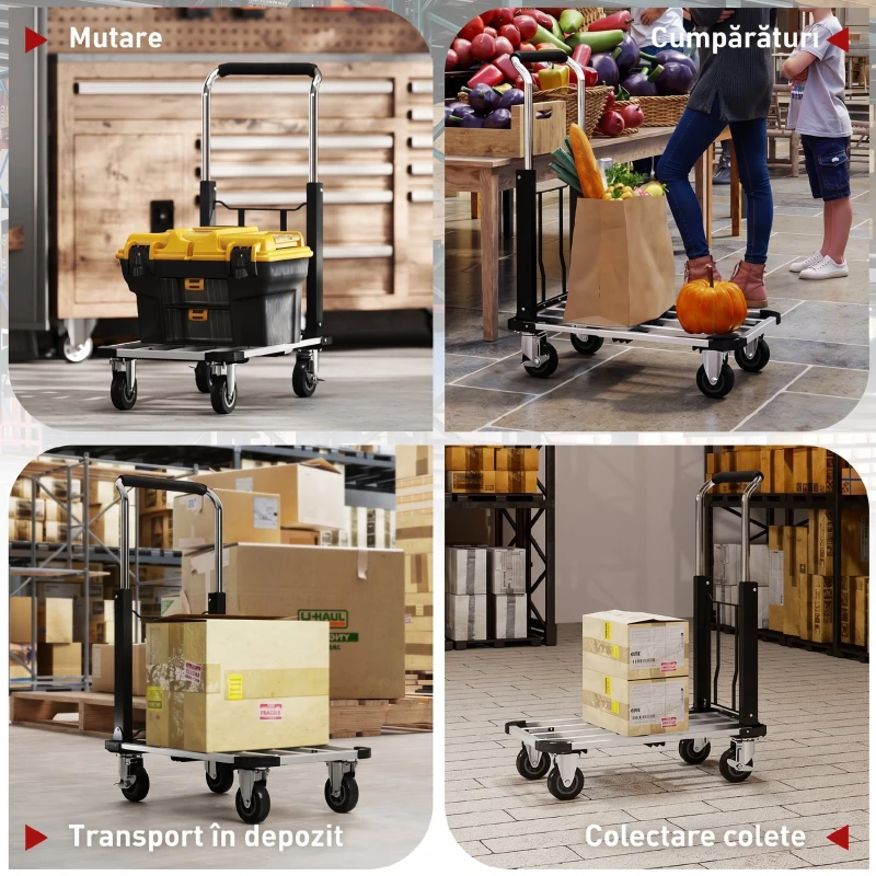 HOMCOM Cărucior pentru transport pliabil cu platformă extensibilă, capacitate 150 kg, mâner reglabil, argintiu
