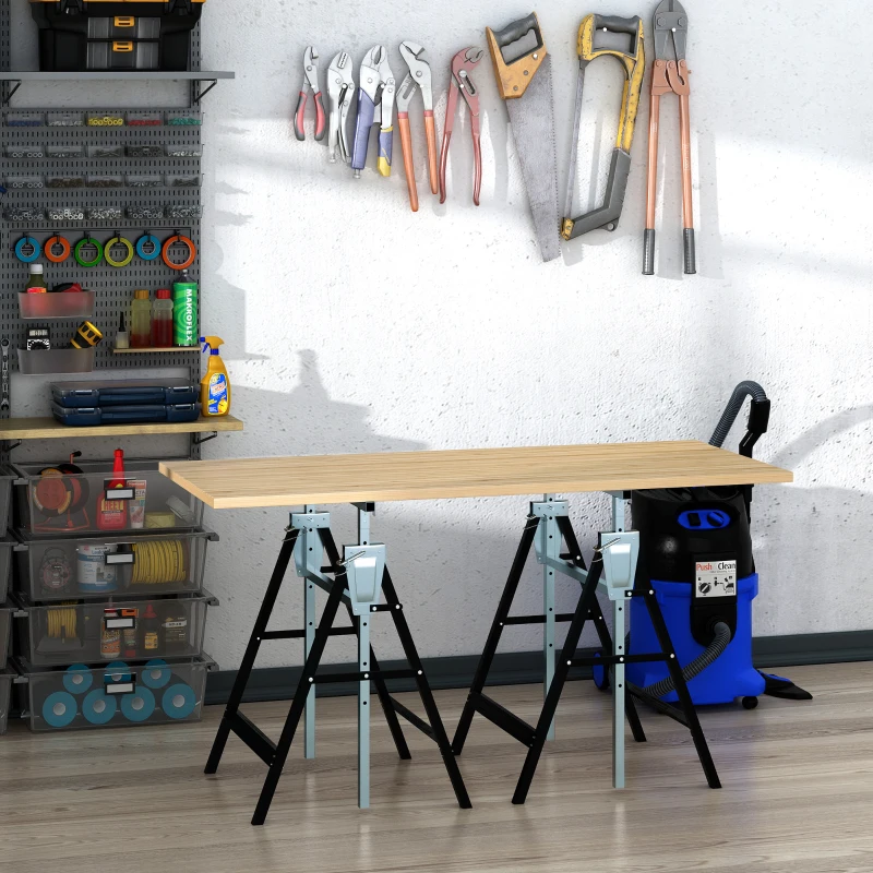 HOMCOM Set 2 Cavalletti da Lavoro Pieghevoli Portata 200 kg, Altezza Regolabili 80-130 cm, Cavalletti Telescopici Salvaspazio in Acciaio per Fai da Te, Garage e Giardino, Nero