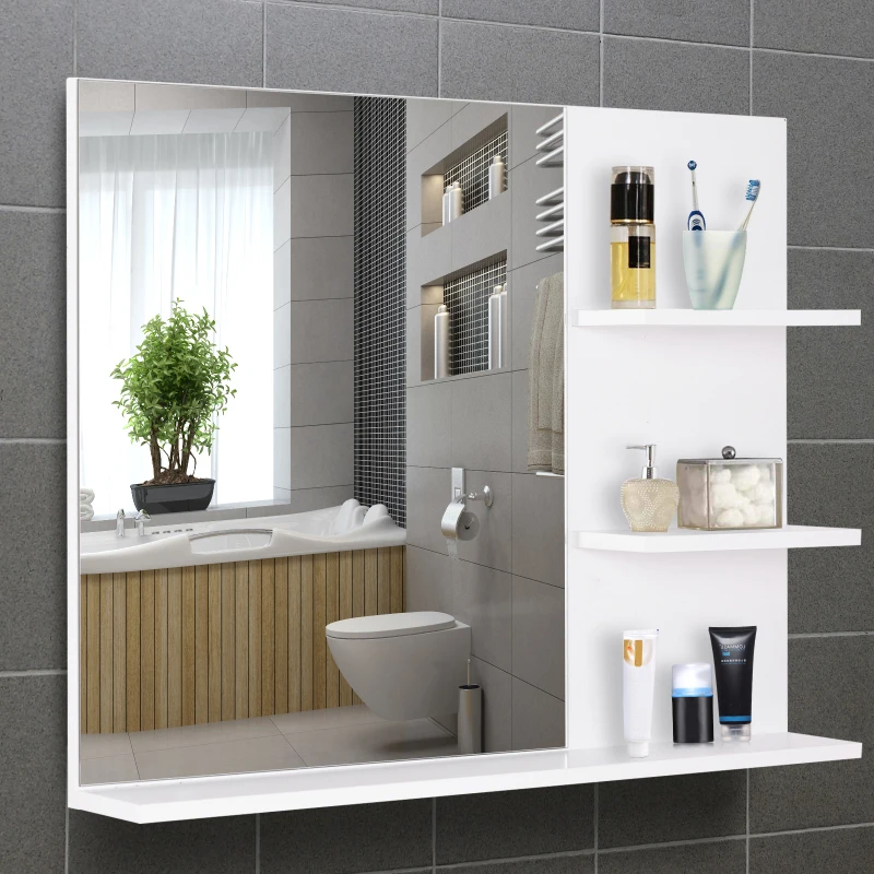 kleankin Badspiegel mit 3 Ablagen, Wandspiegel, Badezimmerspiegel, Spiegelregal für Badezimmer, Weiß, 60 x 10 x 48 cm