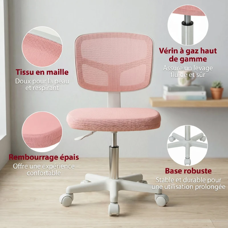 Vinsetto Chaise de Bureau Ergonomique Sans Accoudoirs, Fauteuil de Bureau Pivotant, Dossier Courbé en Maille et Roulettes, Rose