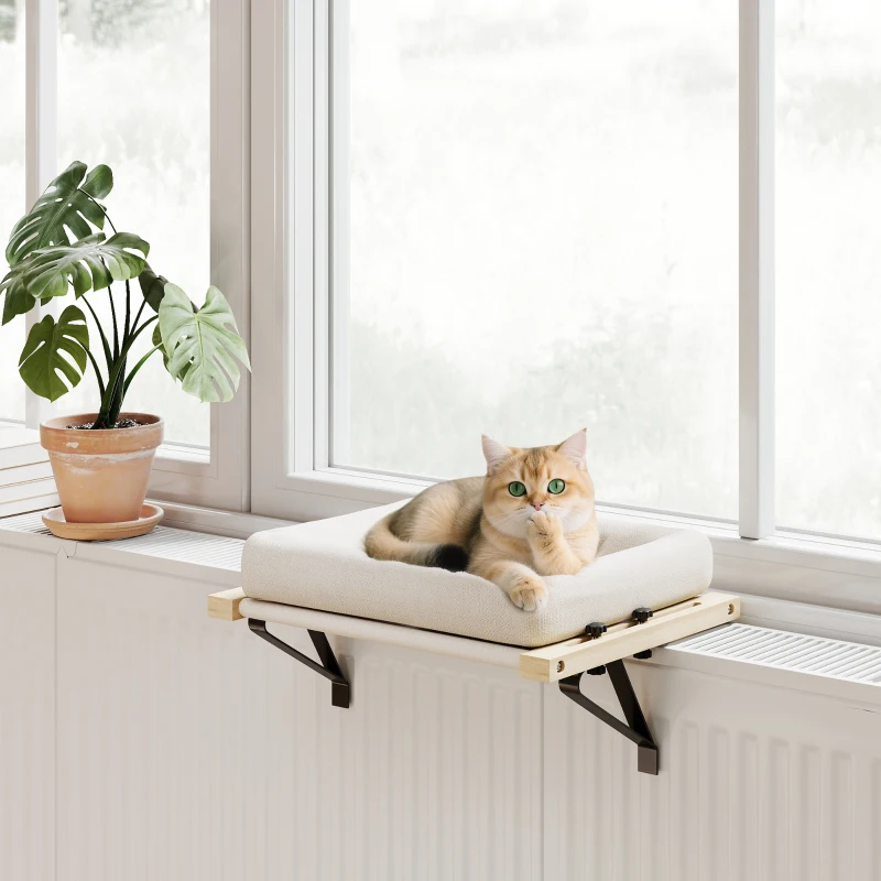 PawHut Cat Radiator Bed, Adjustable Hanging Cat Hammock with Removable and Washable Cushion for Indoor Cats, Cream White