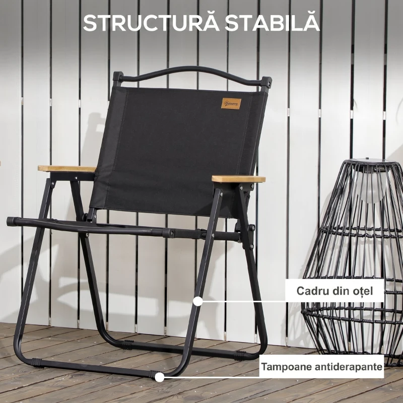 Outsunny Scaun pentru Exterior Pliabil cu Brațe, Șezut din Material Oxford și Oțel, Negru