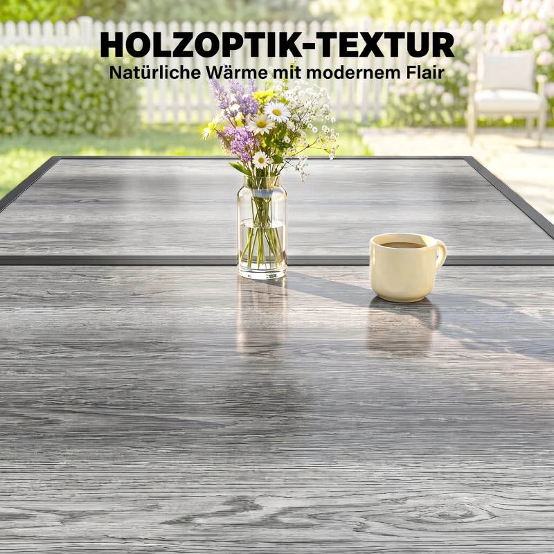 Outsunny Table de jardin pour 4 à 6 personnes, table à manger extérieure avec plateau à effet bois, 150 x 80 x 74 cm, gris