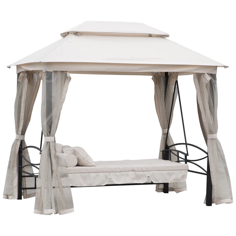 Outsunny Balancelle de Jardin 3 Places Convertible Style Colonial Grand Confort 2 Coussins + Matelas + moustiquaires Inclus Noir Beige