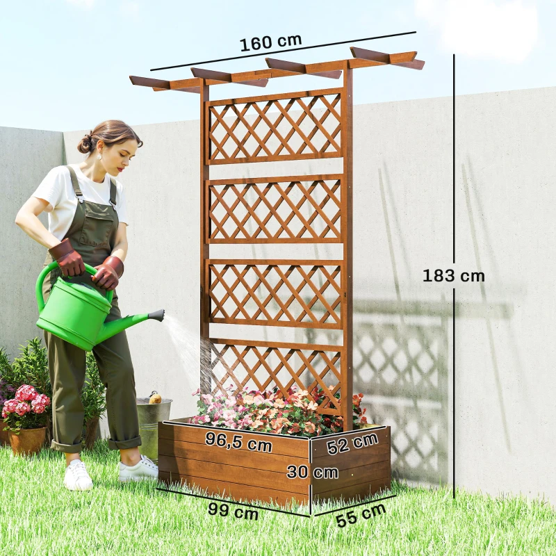 Outsunny Pflanzkasten mit Rankengitter, Eckige Pflanzenbox aus Holz mit Rückenspalier für Kletterpflanzen und Dach