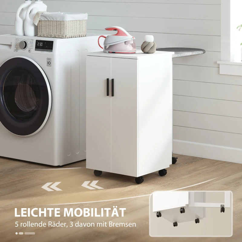 HOMCOM 2-in-1 faltbarer Bügelbrettschrank auf Rollen mit Bügelbrett und verstellbarem Regal für kleine Räume, Weiß
