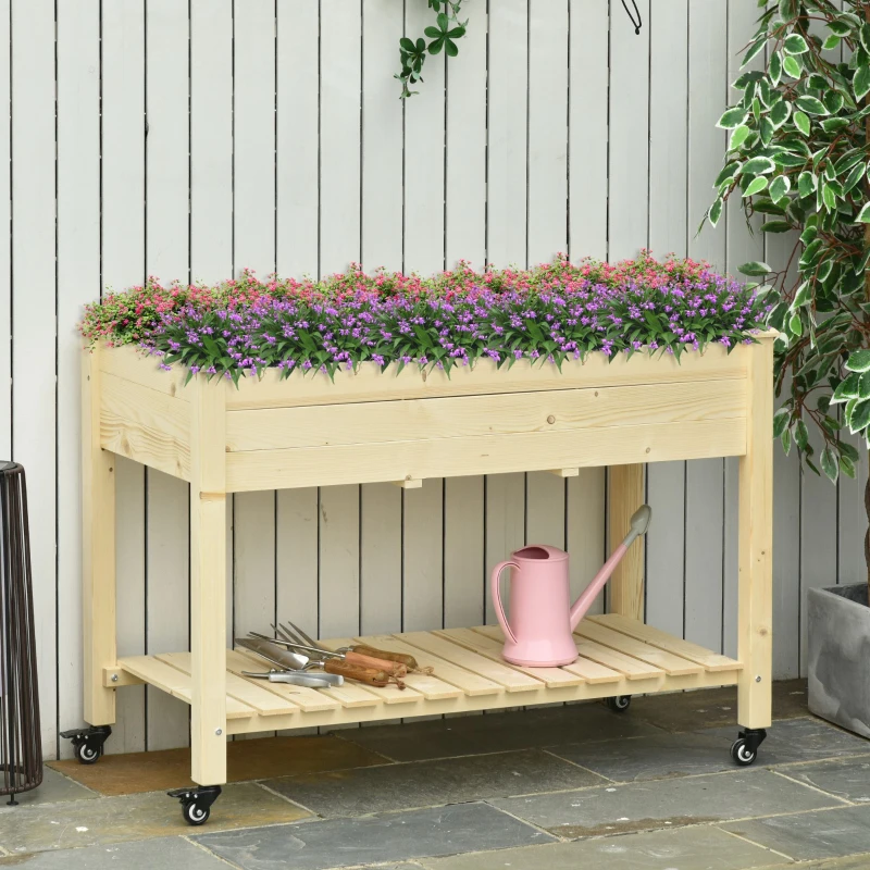 Outsunny Letto per Orto Rialzato in Legno con Rotelle e Ripiano Inferiore, 118x55x83cm, Legno Naturale
