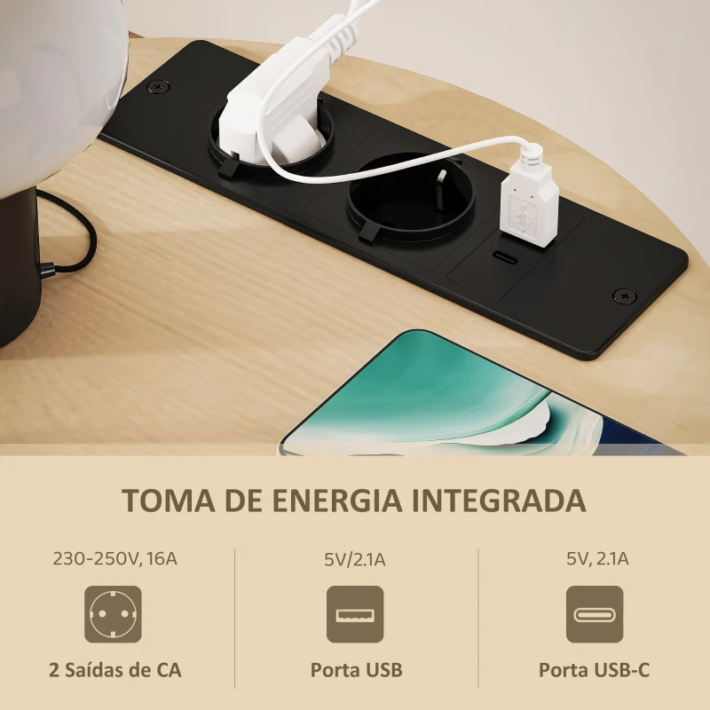 HOMCOM Mesa Auxiliar Redonda de 3 Níveis com Estação de Carregamento Mesa Auxiliar Industrial com 2 Prateleiras Abertas Ø50x55,1 cm Madeira e Preto