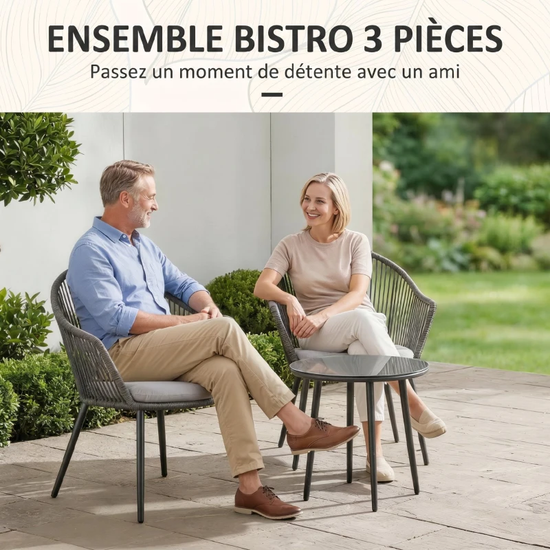 Outsunny Ensemble de jardin salon de jardin en résine tressée cadre en acier 2 fauteuils + 1 table basse coussins inclus gris