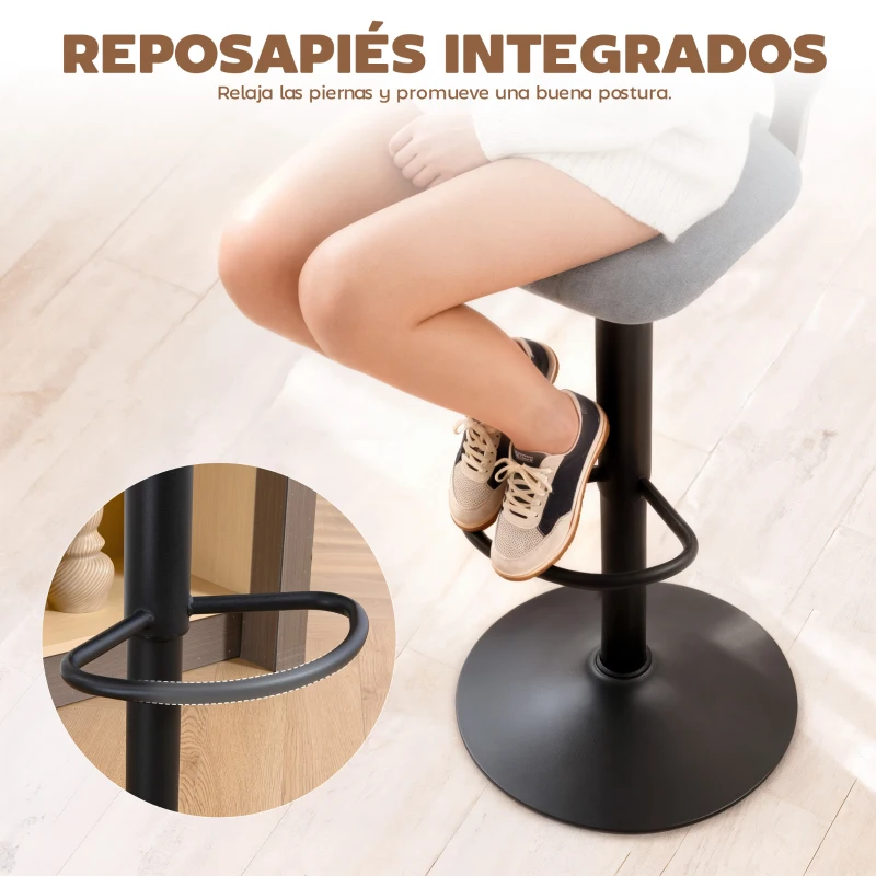 HOMCOM Juego de 2 Taburetes de Bar Giratorios en 360° Regulables en Altura de 84-105 cm Respaldo Hueco Reposapiés Gris