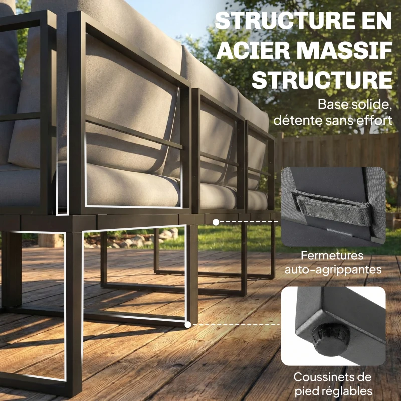 Outsunny Salon de jardin extérieur 6 personnes modulable table basse et plateaux latéraux en bois PSPC coussins épais 10cm gris