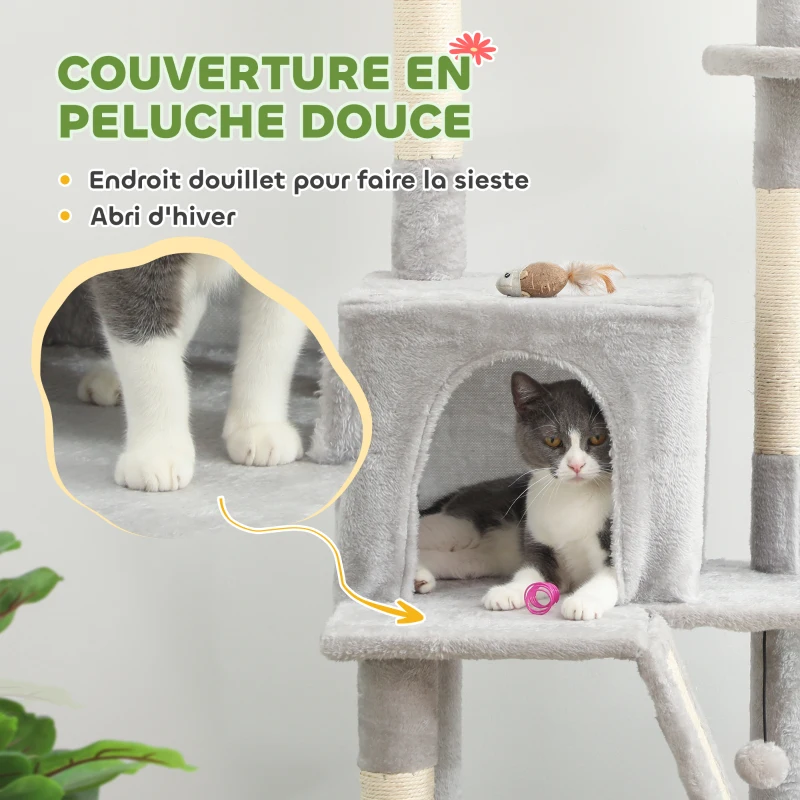 PawHut Arbre à chat du sol au plafond griffoir pour chat hauteur réglable 225-255 cm 6 niveaux avec niche hamac gris clair
