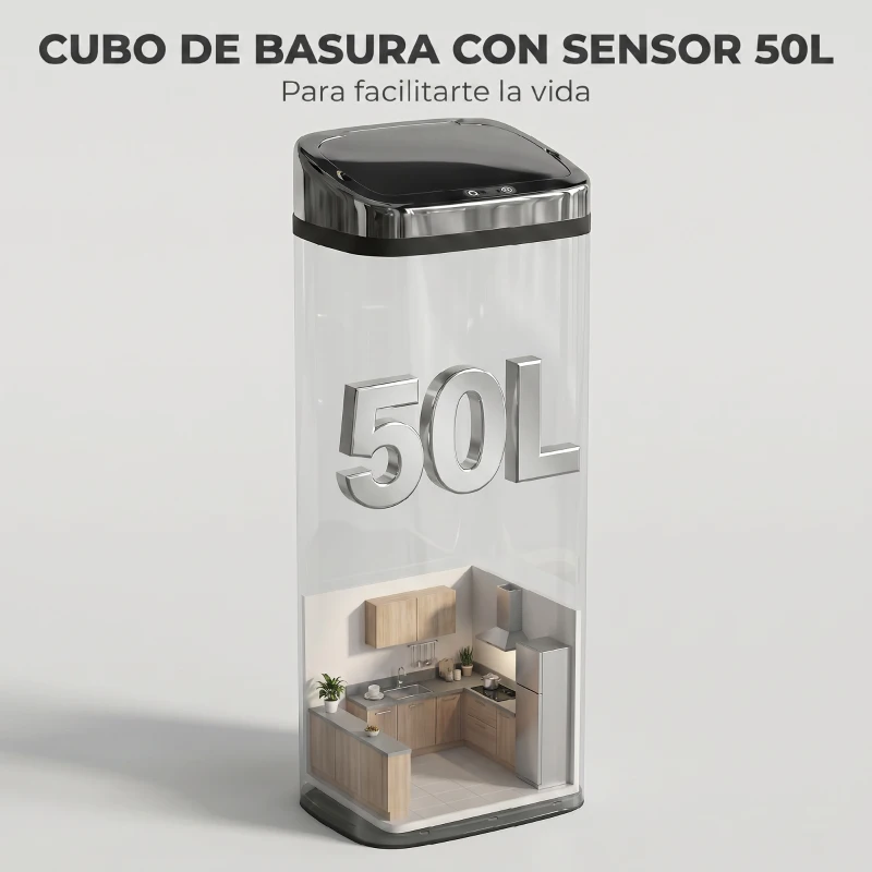 HOMCOM Cubo de Basura Inteligente 50L con Sensor Infrarrojo para Apertura Automática de Acero Inoxidable 33x25x84 cm Plata