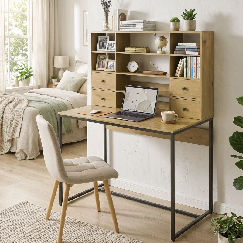 HOMCOM Computertisch mit 4 Schubladen und Regalen, Schreibtisch 105 cm, Naturholz