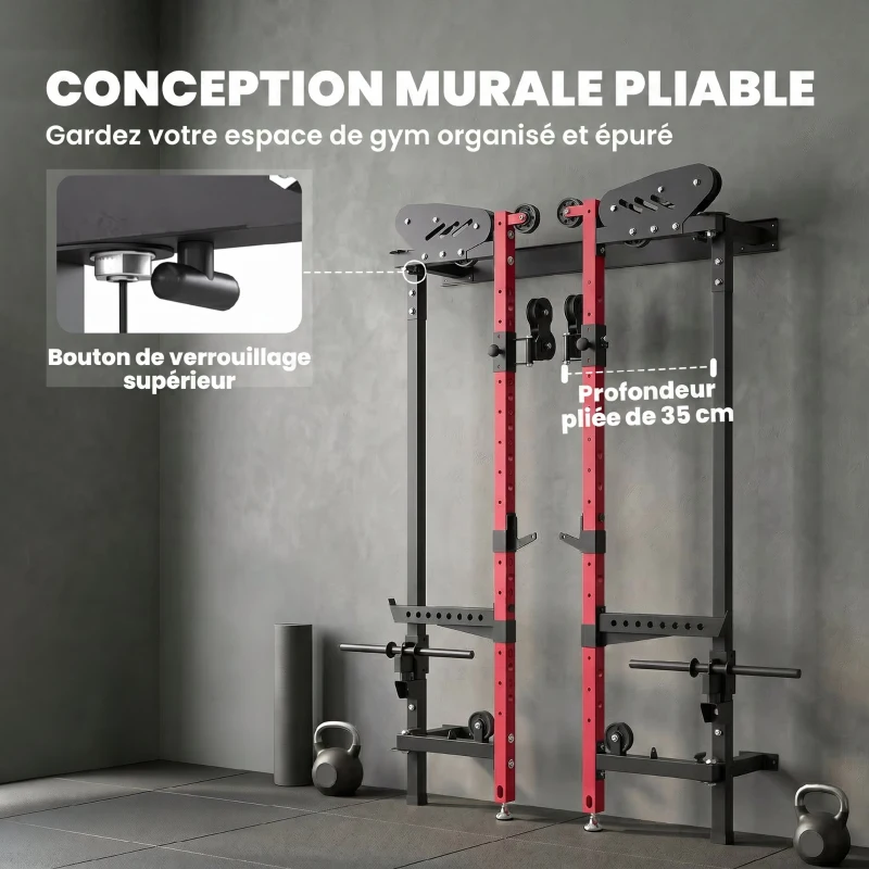 SPORTNOW Station de Musculation Pliable 700 kg Hauteurs Réglables avec Poulies Doubles, Supports de Barre, 184x123x209cm, Rouge
