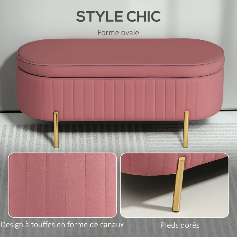 HOMCOM Banc de rangement, bout de lit en velours avec couvercle, pieds en métal, capacité 72 L, 108x44x43,5cm, rose