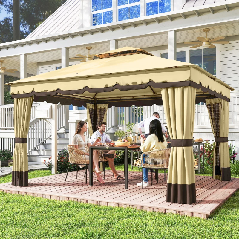 Outsunny Cenador de Jardín 3,7x3 m con Doble Techo 4 Cortinas y Mosquitera Marco de Acero Orificios de Drenaje  UV30+ Beige