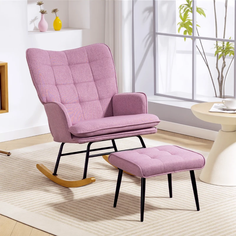 HOMCOM Silla Mecedora con Reposapiés con Cojín Acolchado Reposabrazos Respaldo Alto Patas de Madera Carga 130 kg Rosa