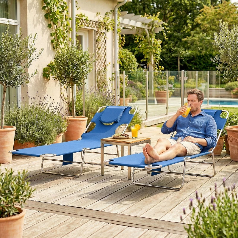 Outsunny 5-Position Adjustable Sun Loungers Set of 2 with Reading Hole and Side Pocket, Blue
