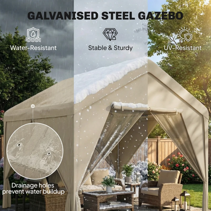 Outsunny 3 x 3 m Patio Gazebo with Netting & Curtains, Outdoor Canopy Shelter with Galvanised Steel Frame, Khaki