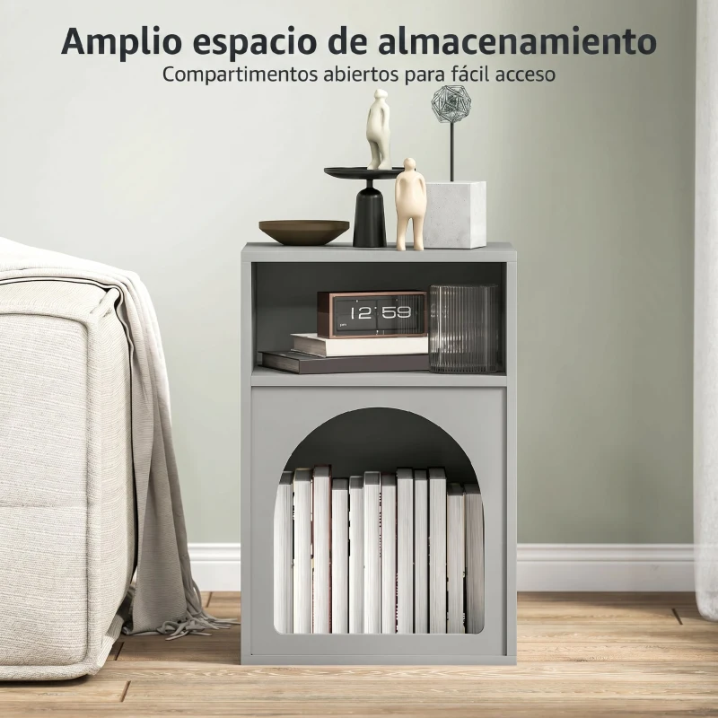 HOMCOM Mesilla de Noche Estrecha con 2 Compartimentos Abiertos Diseño en Forma de Arco 40x30x60 cm Gris