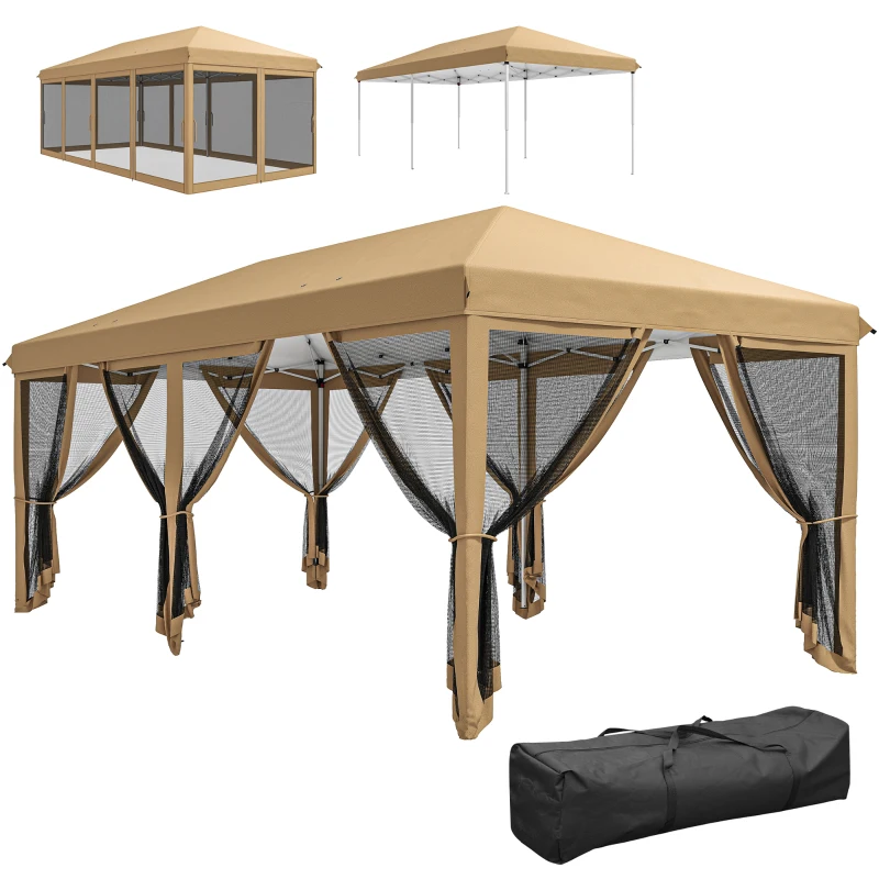 Outsunny Tonnelle Barnum Pliant Pop-up 6 x 3 m moustiquaires amovibles + Sac de Transport Beige Noir