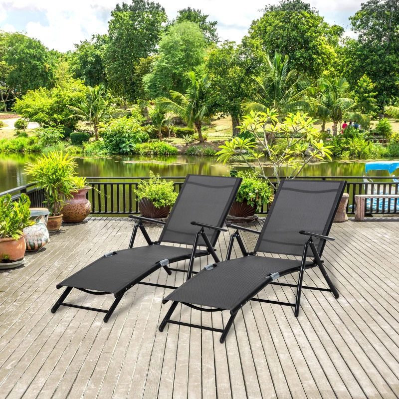 Outsunny Lot de 2 bain de soleil, chaise longue pliante, dossier réglable 7 positions, cadre en aluminium, 64x134x95cm, noir
