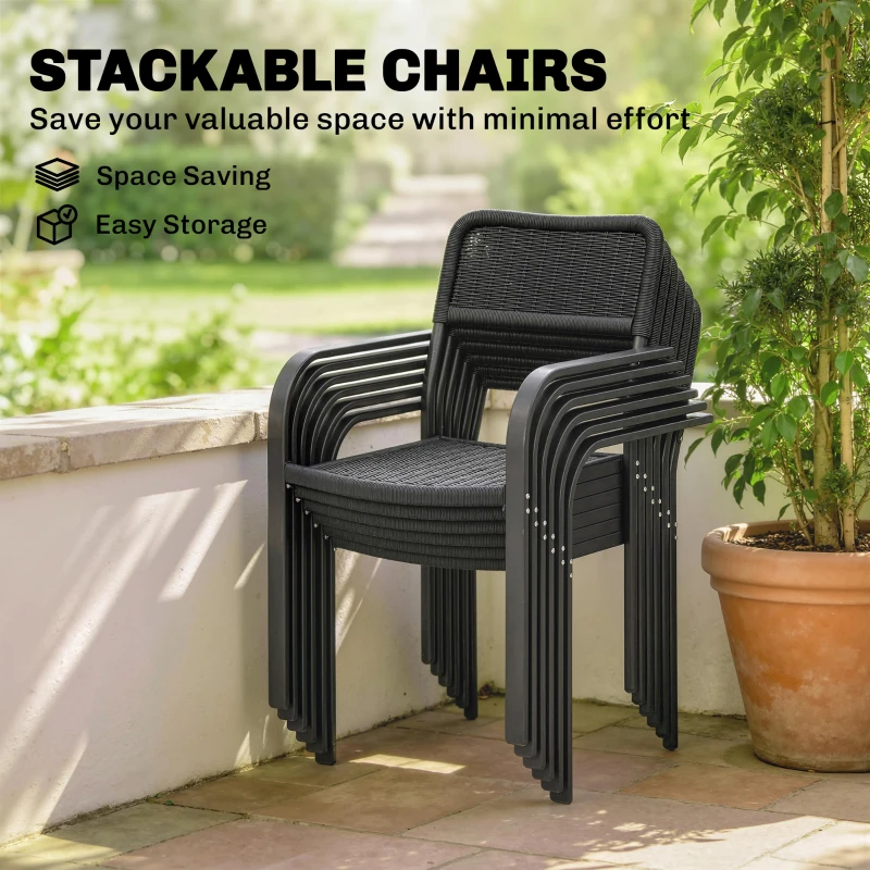 Outsunny Garden Dining Set for 6, Faux Wood Metal Outdoor Table and Stackable Chairs with Plastic Rattan Effect Seat, Black