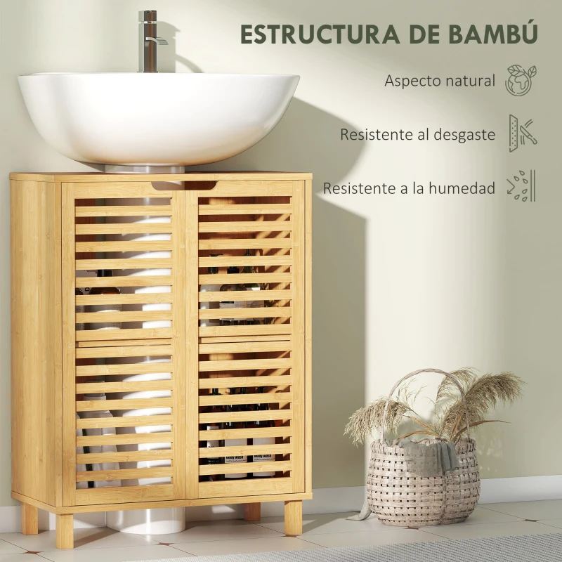 HOMCOM Mueble Bajo Lavabo con 2 Puertas de Lamas de Bambú Estante Ajustable para Lavabos con o sin Pedestal Natural