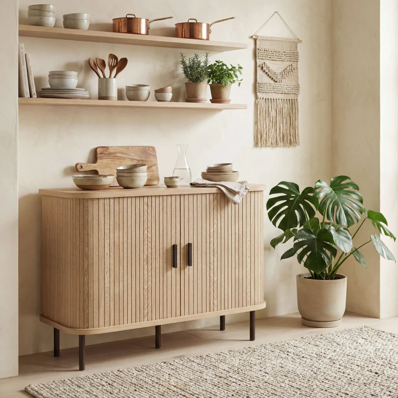 HOMCOM Buffet salon, meuble de rangement avec 2 portes coulissantes en tambour à lattes et 4 compartiments, chêne