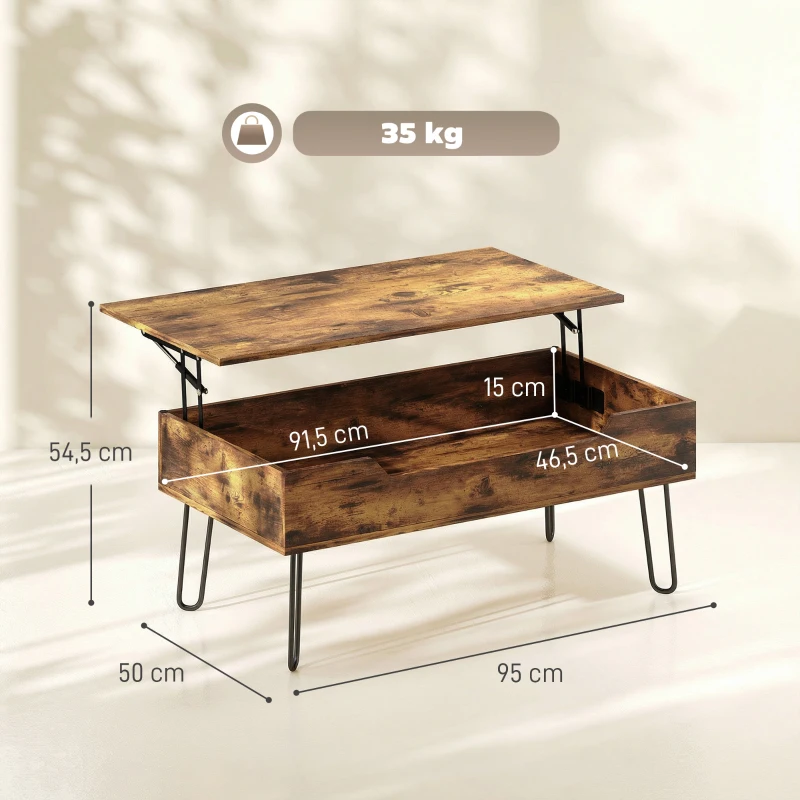 HOMCOM Table Basse Relevable en Bois avec Grand Rangement Caché, Hauteur Réglable, 95 x 50 x 40 cm, Marron Rustique