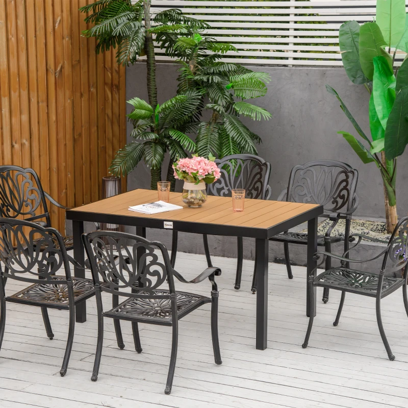Outsunny Table à manger de jardin pour 6 personnes, en aluminium, 140 x 90 x 74 cm, aspect bois naturel