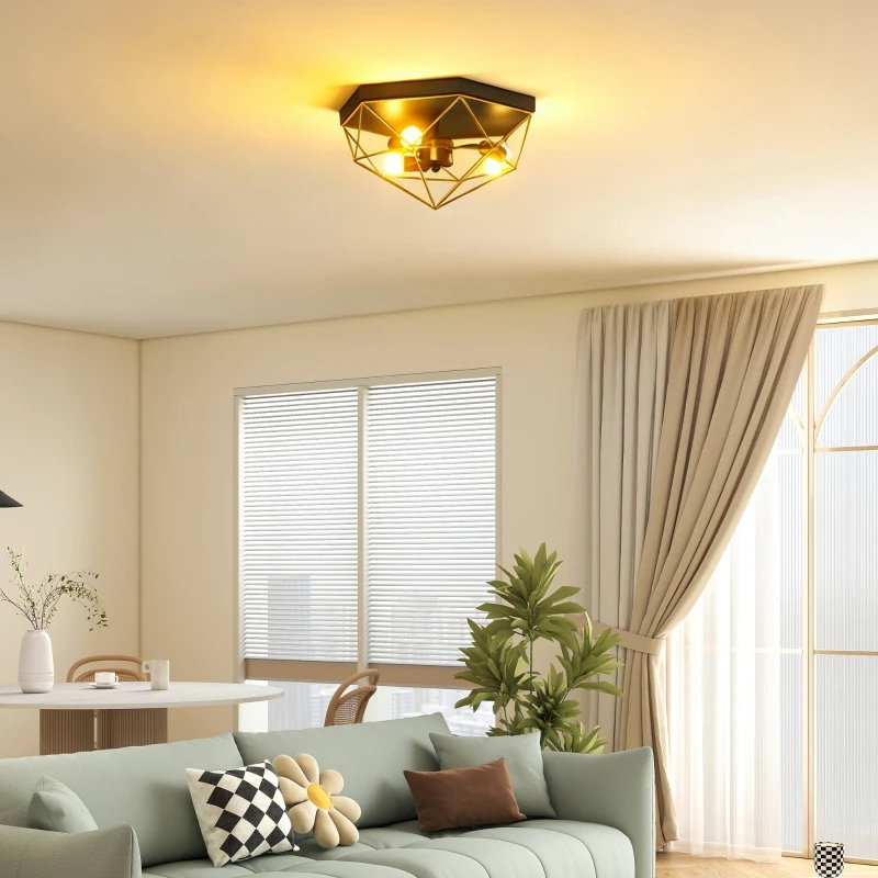 HOMCOM Lustră de Tavan Stil Industrial Geometrică cu 3 Socluri E27 pentru Becuri LED, Negru și Auriu