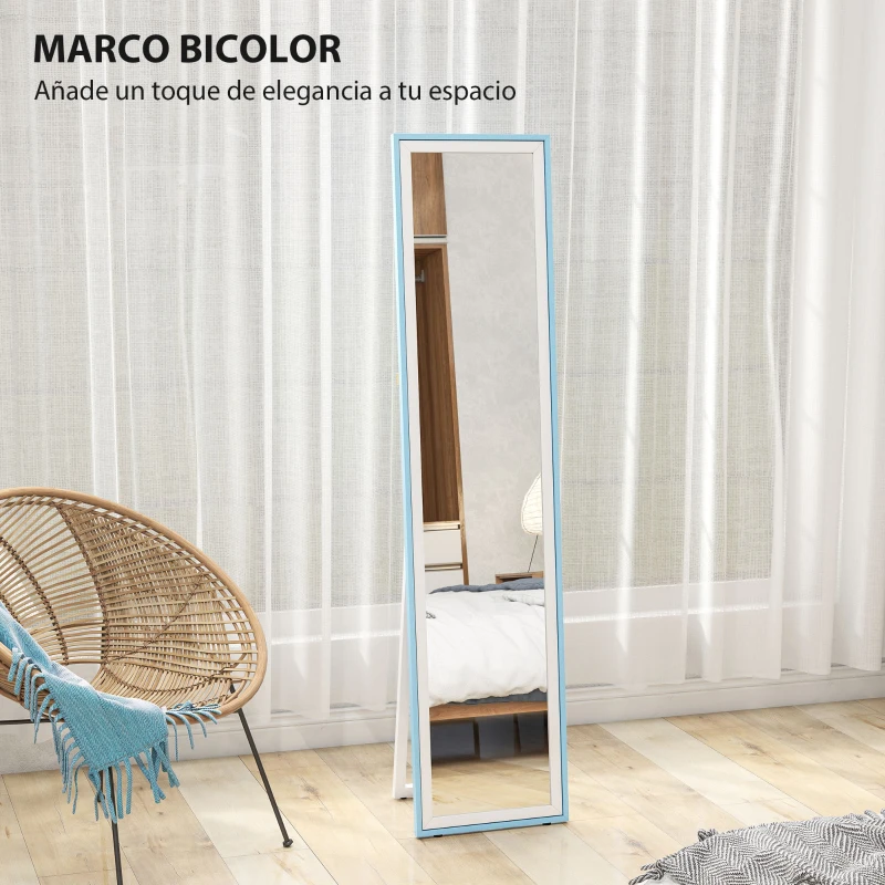 HOMCOM Espejo de Pie Cuerpo Entero con Marco de MDF Espejo de Pared Rectangular con 2 Formas de Uso 37x4x157 cm Blanco y Azul