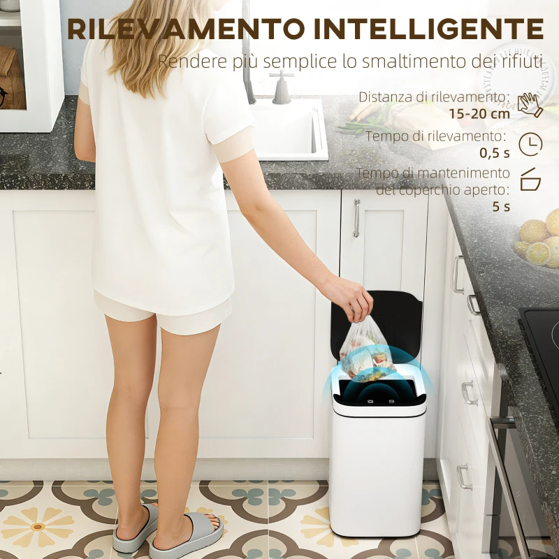 HOMCOM Bidone per Immondizia da 13L con Sensore e Spazio per Deodoranti, in Acciaio e PP, 24x24x41 cm, Bianco e Nero
