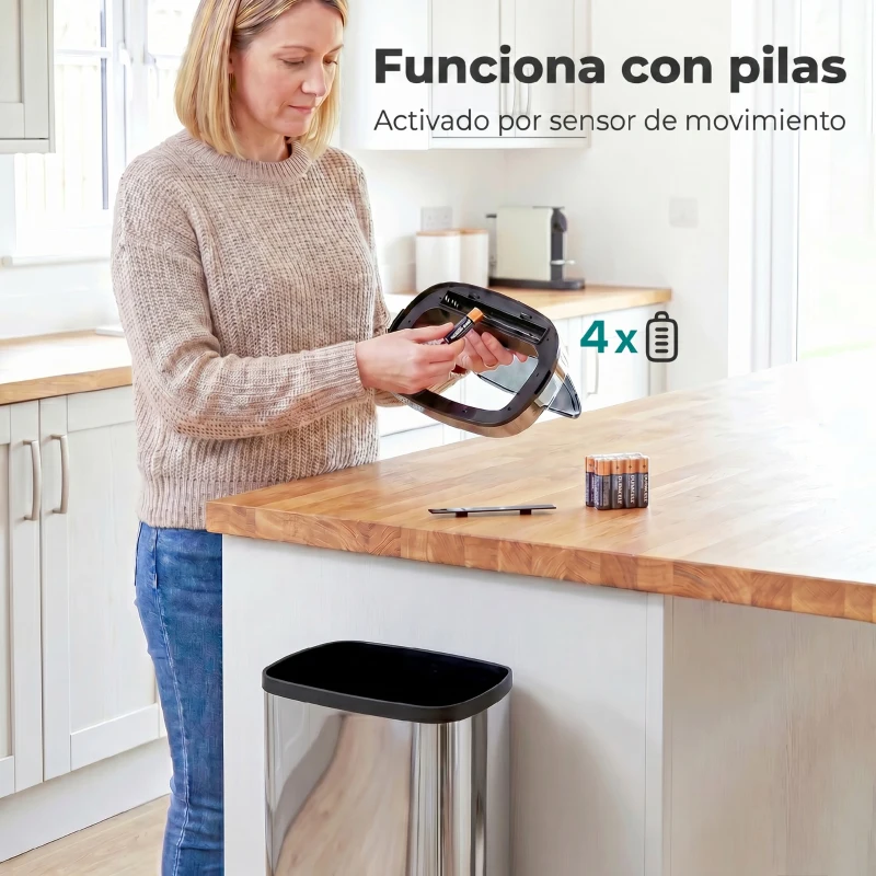 HOMCOM Cubo de Basura Inteligente 50L con Sensor Infrarrojo para Apertura Automática de Acero Inoxidable 33x25x84 cm Plata