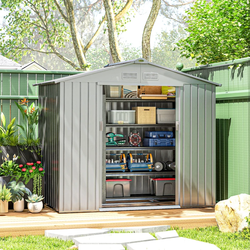 Outsunny Abri de Jardin 2,5 m² - Remise pour Outils avec Kit de Fondation - Cabanon Porte Verrouillable - Tôle d'Acier Gris