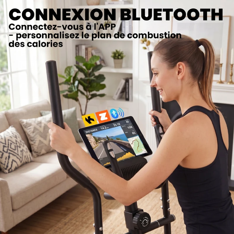 SPORTNOW Vélo Elliptique, Écran LCD, Résistance 8 Niveaux, Capteur Pouls, Bluetooth, Support pour Téléphone, 100x52x153cm, Gris