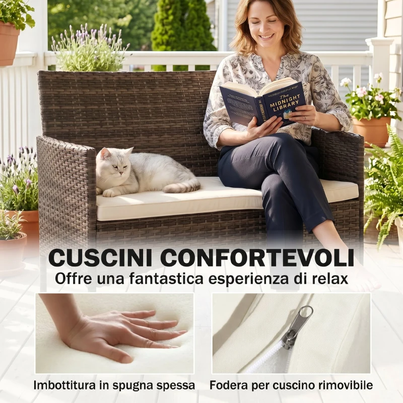 Outsunny Divano da Giardino 2 Posti con Cuscini e Tappetini Antiscivolo, in Rattan e Acciaio, 115x63x85 cm, Beige