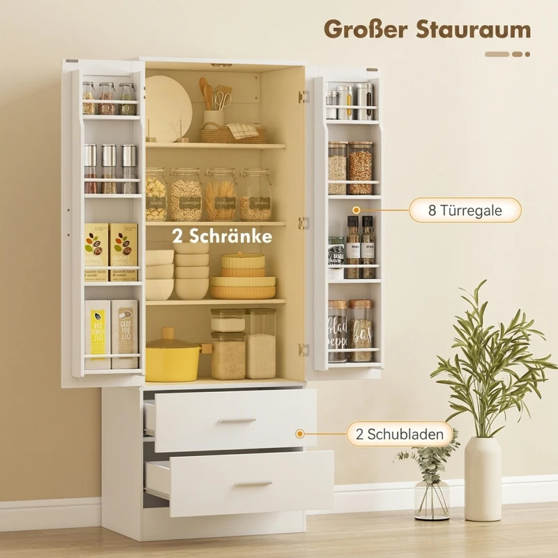 HOMCOM 159 cm Küchenschrank, verstellbare Regale, 2 Schublade, für Küche, Esszimmer, Spanplatte, MDF, Weiß