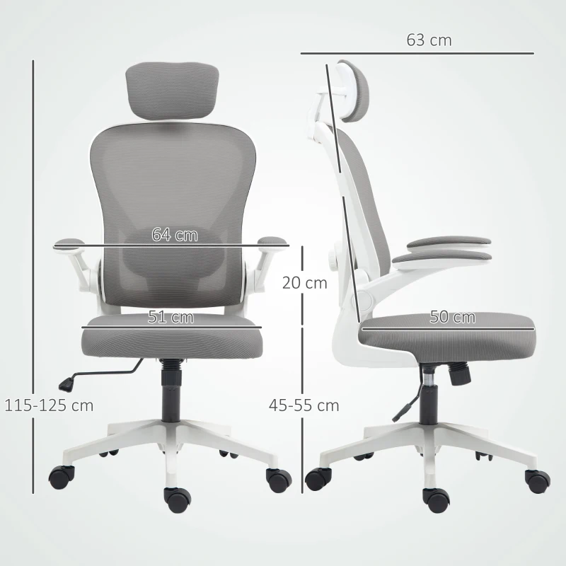 HOMCOM Executive Office Chair, Ergonomic Mesh High Back Desk Chair with Flip-up Armrest, Rotatable Headrest, Adjustable Lumbar Support for Home Study, Grey