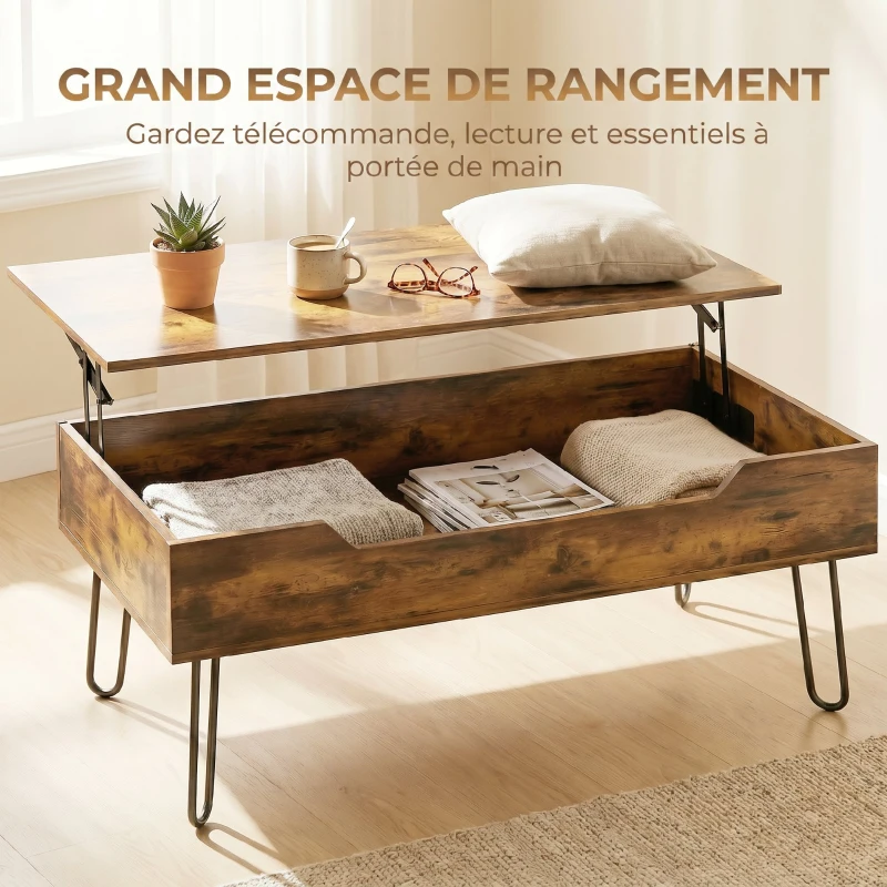 HOMCOM Table Basse Relevable en Bois avec Grand Rangement Caché, Hauteur Réglable, 95 x 50 x 40 cm, Marron Rustique