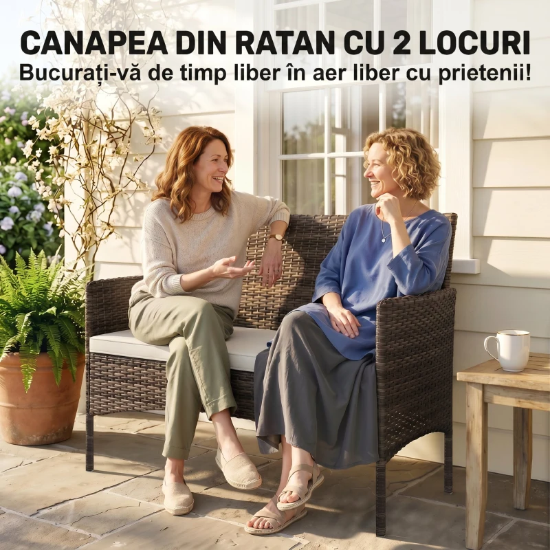 Outsunny Canapea de Grădină cu 2 Locuri din Ratan și Perne, Bej