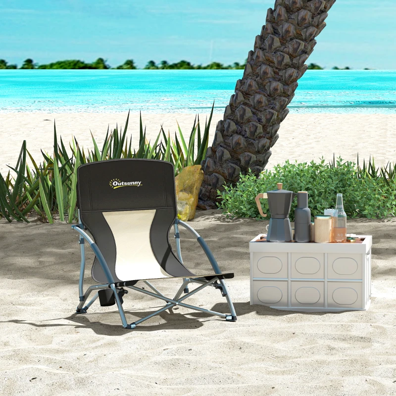 Outsunny Sedia da Spiaggia Pieghevole con Schienale a Rete e Portabicchieri, in Metallo e Tessuto Oxford, 58x55x62 cm, Nero